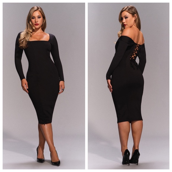 NEW TA3 Squarey Long Sleeve Lace-Back Midi Dress *Black* Sz L - Picture 4 of 13